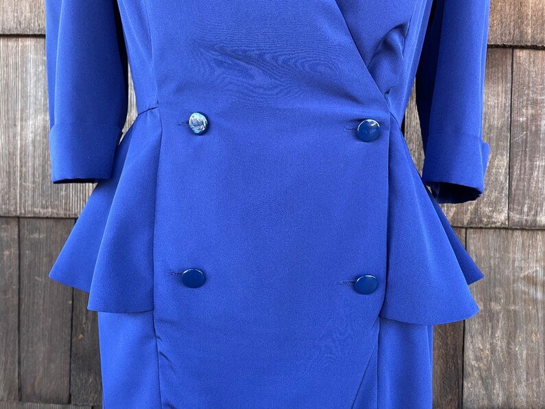Vintage Large 1980/'s /'Liz Petites/' Navy Blue Peplum Business Wiggle Dress Sailor Flight Attendant Rockabilly