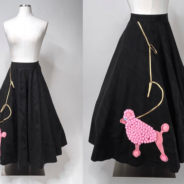 1950s Heavy Black Skirt w Pink Poodle by Justin McCarty Dallas XS 25" Waist | Vintage, Swing, Classic, Sock Hop, DIY, Cute, Girly, Retro