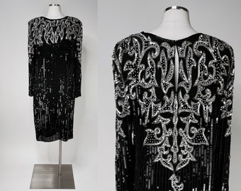 1980s Black and Silver Sequin Beaded Long Sleeve Silk Dress by San Marco Nights Medium | Vintage, Retro, Flapper, Costume, Cocktail Party