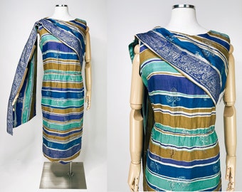 1960s Silk A-Symetrical Scarf Dress by Alfred Shaheen Honolulu M-L | Cocktail, Evening, Spring, Designer