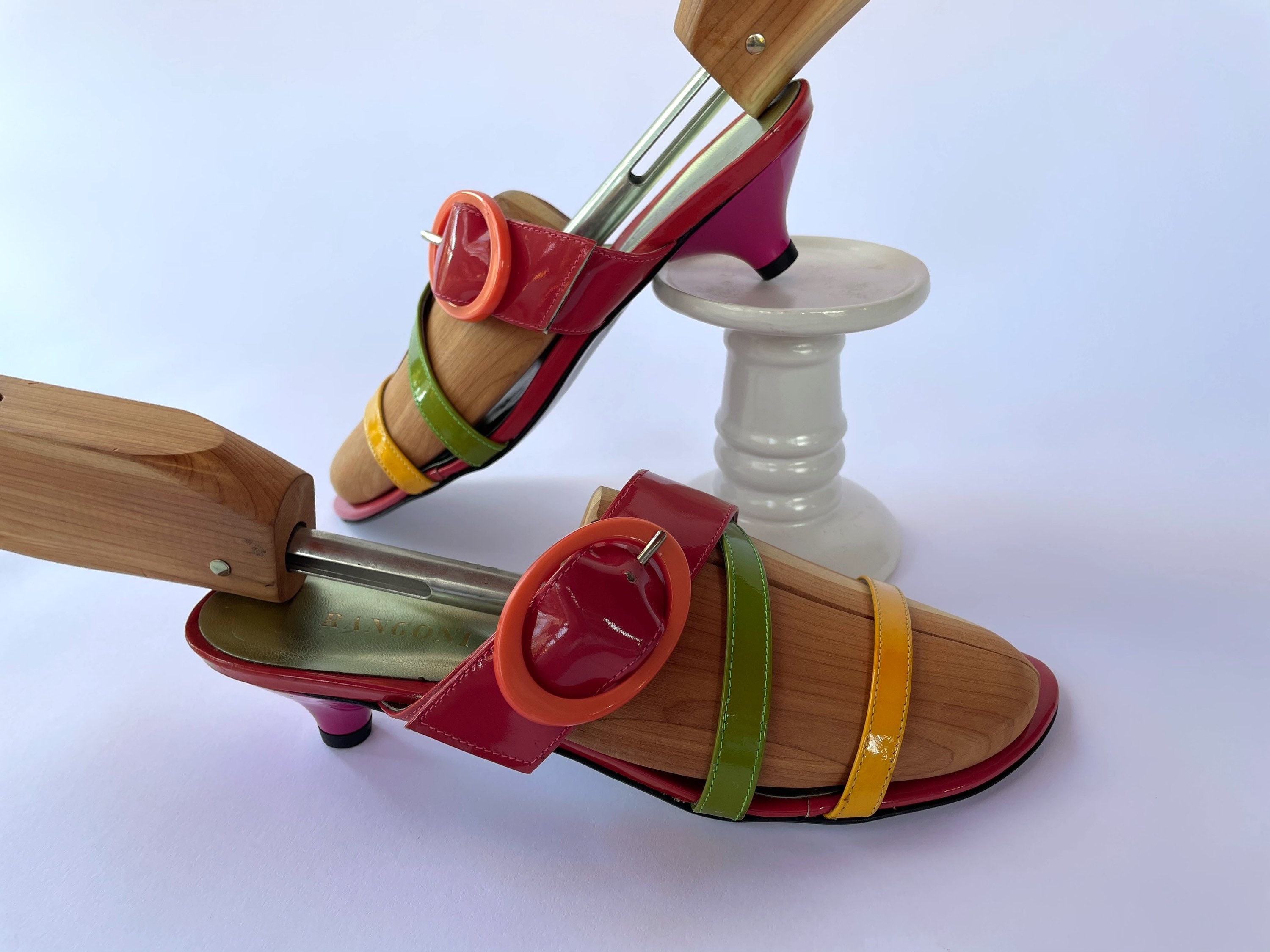 Vintage 60s Pretties Originals Italian made kitten heel summer slide sandal shoes teal puce and orange