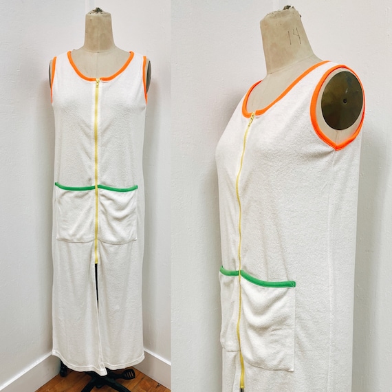 1990s Terry Cloth Zip Front Maxi Dress w Neon Orange,… Gem