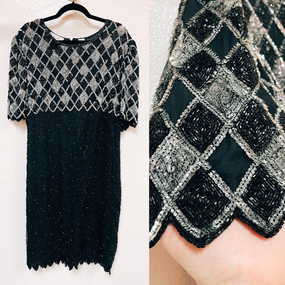 1980s Black, Silver, Sequin, Beaded Cocktail Dres… - image 1