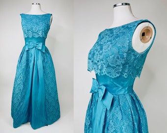 1960s Bright Blue Lace & Taffeta Bridesmaid Dress Small | Vintage, Prom, Gown, Party, Formal Event, Princess, Bridal Party, Retro