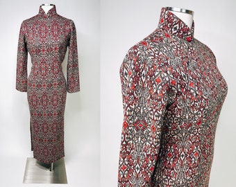 1960s-1970s Heavy Tapestry Print Cheongsam S/M | Vintage, Retro, Rare, Asian Inspired, Warm, Formal Event, Unique, Hostess, Cocktail Dress