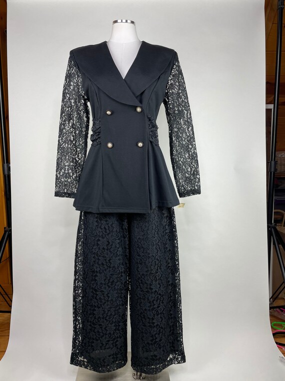 1980s Black Lace Power Suit w Palazzo Pants, Bow … - image 2