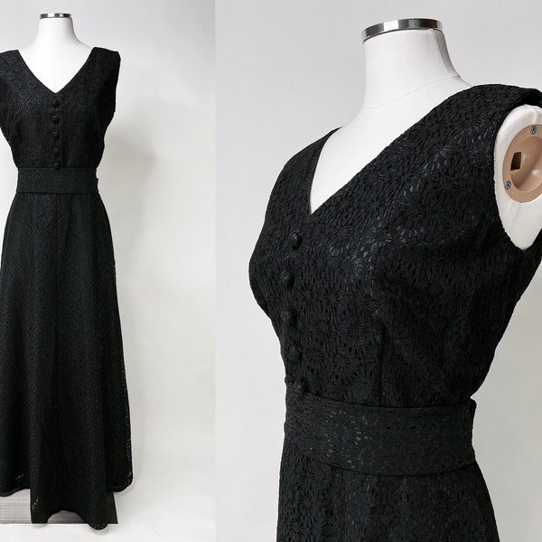 1960s-1970s Black Macrame Lace A Line Hostess Dress by Alice of CA M/L | Vintage, Retro, Gothic Summer, Funeral, Fall, Halloween, Rare