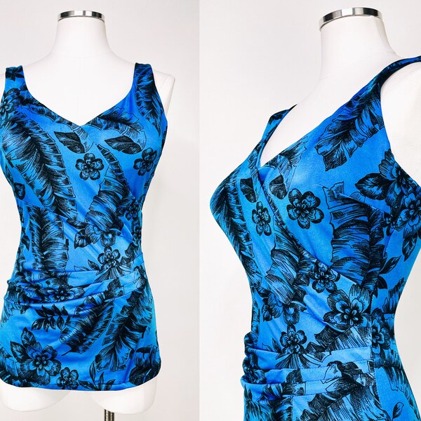 Vintage 80s-90s Blue Hawaiian Print One Piece Bathing Suit by Maxine of Hollywood | Structured Breast, Short Skirt, 1950s Style, Marilyn