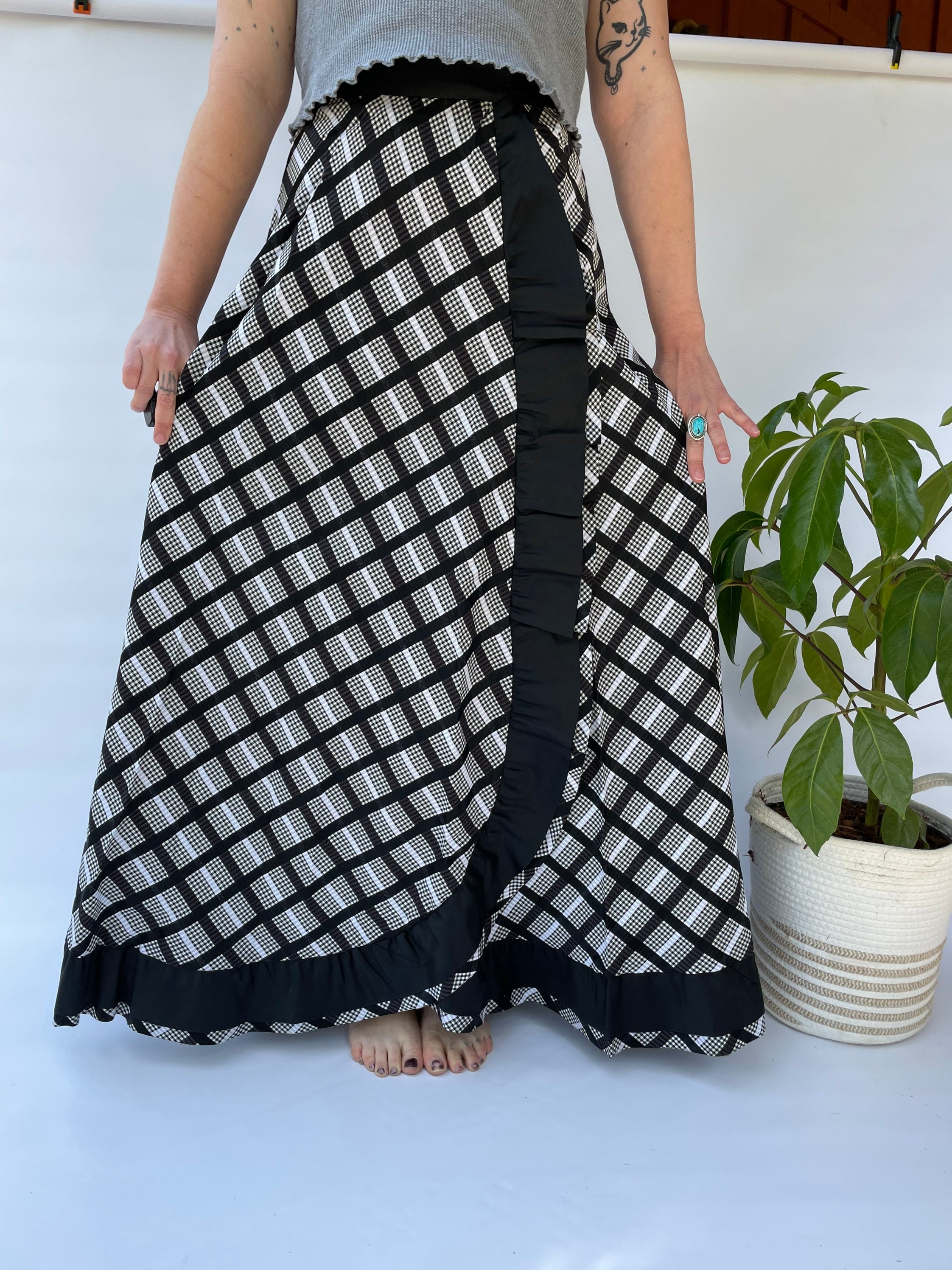 DIMANCHE Checkered ribbon long skirt