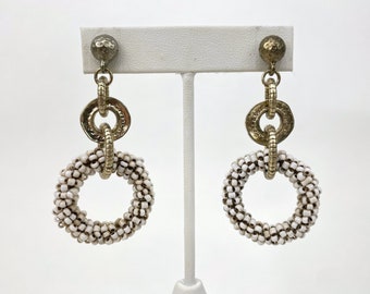 Vintage 1970's - 1980's Gold & White Multi Layer Circle Looped Beaded Dangle Hoop Earrings