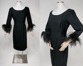 1960s Black Ostrich Feather Trim Long Sleeve Sheath Dress w Boat Neck | Medium