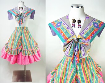 1980s 3 Piece Set "Kawaii Cowgirl" Pastel Western Clown Rainbow Circle Skirt, Concho Earrings, Collar Bib | Vintage, Costume, Halloween
