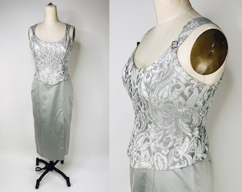 1990s Silver Brocade Bridal Party Gown by Dollar USA Large | Vintage, Dress, Cocktail, Formal, Prom, Corset, Boning, Bustier Top