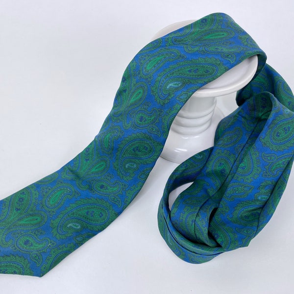 Vintage 70s-80s Blue & Green Paisley Print Tie 3" Width by Hardy Amies Made in London out of Silk | Retro, Hippie, Wedding, Groom, Formal