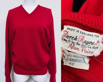 1950s Red Lambswool Pullover V Neck Sweater Made in England for Derek Rayne LTD Carmel by the Sea California Alan Paine LRG | Vintage, Retro