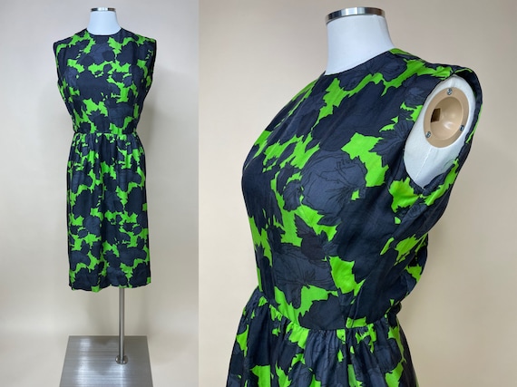 1950s-1960s Lime Green & Black Floral Pure Silk S… - image 1