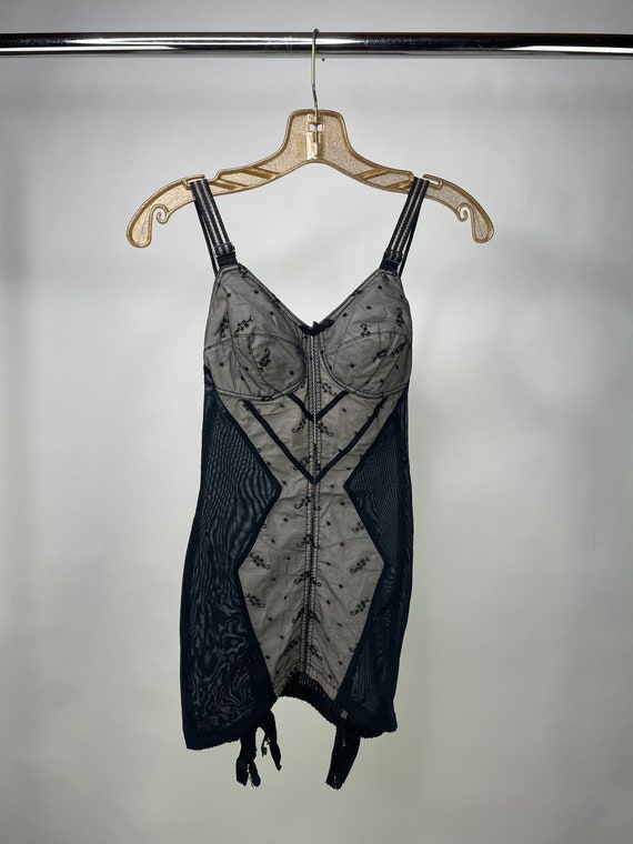 1950s Black & Nude Sexy Sheer Girdle Dress W Padded Bra, Garter