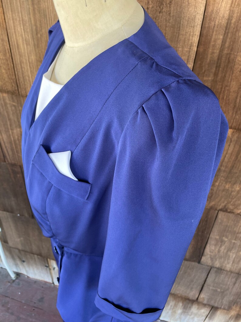 Vintage Large 1980/'s /'Liz Petites/' Navy Blue Peplum Business Wiggle Dress Sailor Flight Attendant Rockabilly