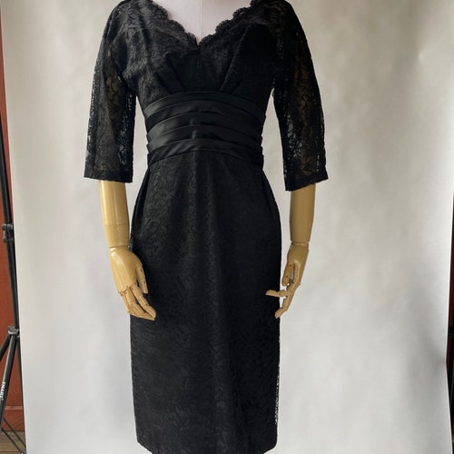 Vintage 50s Black Wiggle Dress W Lace Illusion Chest & Sleeves, V Neck, V Back w Satin Waist by Ferman O'Grady Size XS/S | Party, Cocktail shops