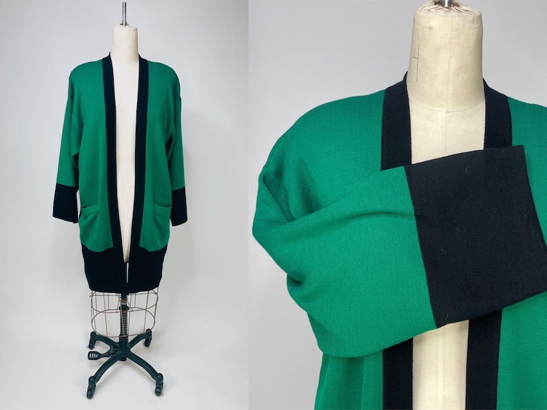 1980s Kelly Green & Black Color Block Long Oversized 100% Wool Cardigan by Anne Klein II Medium Vintage, Holiday, St. Patricks, Christmas image 1