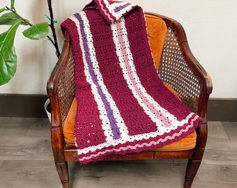 Vintage Small Handmade Pink, Purple & White Blanket 48" x 36" | Knit, Crochet, Afghan, 1970s, Retro, Comfy, Throw