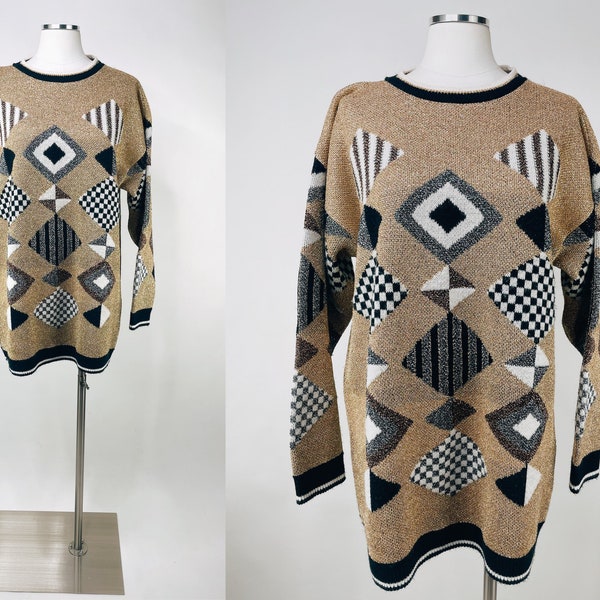 1980s Sparkly Gold Geometric Color Block Pullover Sweater by Beldoch Popper | Vintage, Retro, Mod, Lurex, New Wave, Rare, Unique, Holiday