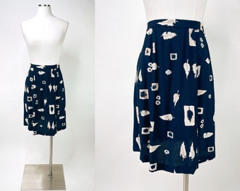 1990s High Waist Navy Blue Flowing A Line Skirt w Abstract Leaf & Daisy Print by Pendleton Small | Vintage, Retro, Spring, Back to School