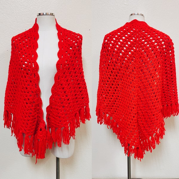 Vintage Red Crochet Triangle Shawl w Yarn Fringe | Lightweight, Summer, Cozy, Grandma, Cottage Core