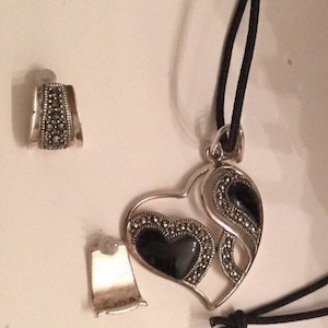Large sterling silver heart pendant necklace and earrings