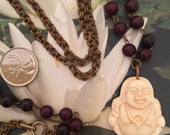 Buddha necklace Antique brass and bead necklace