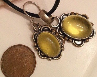 SALE/sterling silver large citrine pendant earring set citrine drop earrings