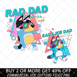Puede incluir: Dos ilustraciones de perros de dibujos animados en un estilo retro. Uno dice "RAD DAD" y el otro "RAD LIKE DAD". Los perros llevan gafas de sol y están en una pose de dab. El fondo tiene formas geométricas.