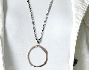 Large Silver Circle Necklace: Boho Adjustable Pendant, Eyeglass Chain