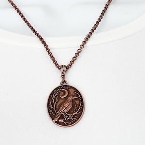 Oval Raven and Moon Gothic Boho Mystical Bird Charm Necklace 40 x 28mm, Raven on Bare Tree w Half Moon Pendant on 18 inch Copperplated Chain