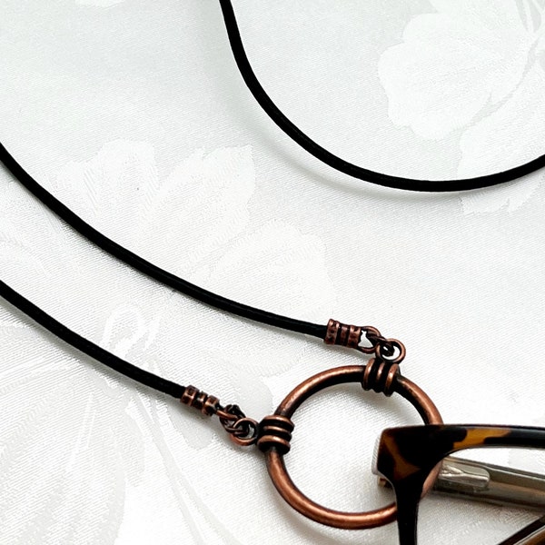 Leather Eyeglass Chain, Leather Eyeglass Holder, Eyeglass Lanyard, Glasses Chain, Leather Sunglasses Chain, Black Lanyard w Copper Loop