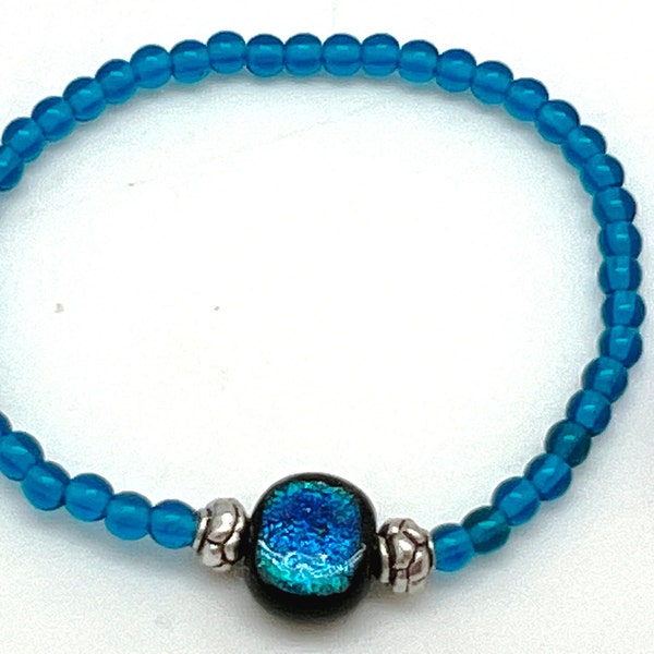 Aqua Stretch Bracelet, Paula Radke Dichroic Bead, Beaded Blue Bracelet, Simple Elegant Accent Bracelet for Women, Gift Box Included Free