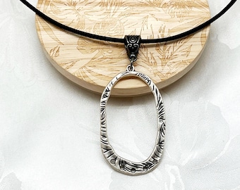 Black Leather Eyeglass Holder Necklace:  Silver Circles Pendant Glasses Lanyard