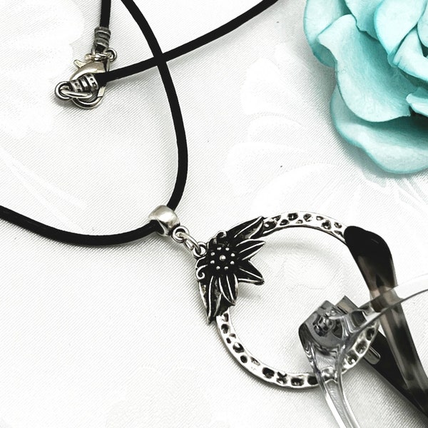 Black Leather Glasses Necklace with Silver Flowered Hammered Circle, Eyeglass Holder Necklace, Sunglasses Lanyard, Reading Glasses