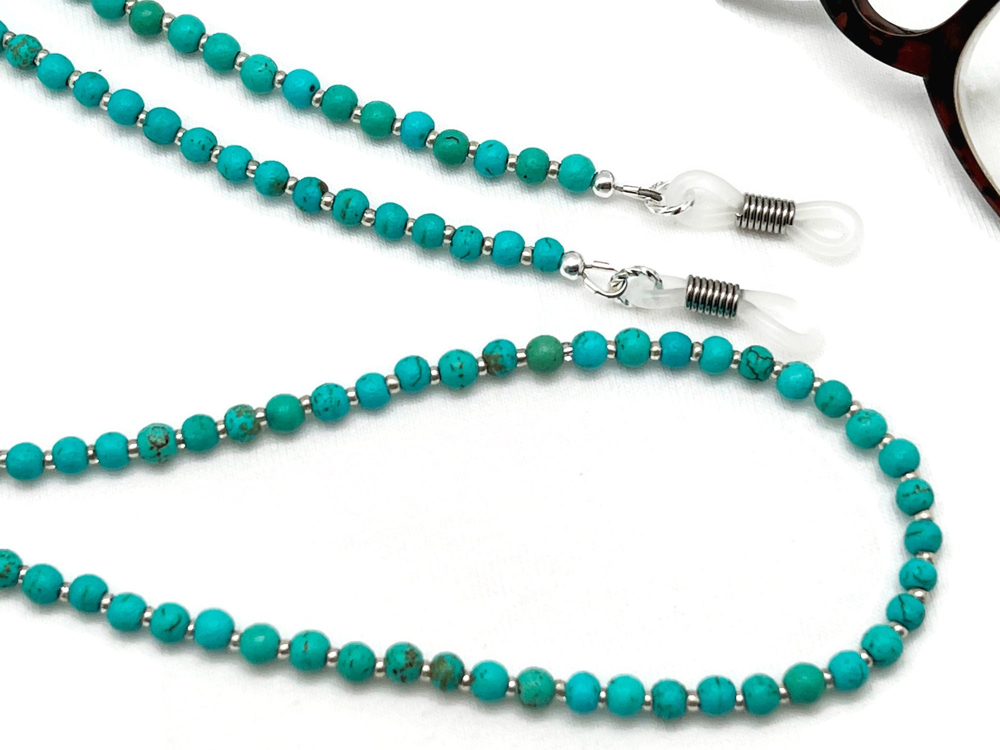 Turquoise Silver Glass Beaded Chain Eyeglass Holder + Lanyard +Necklace