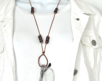 Leather Eyeglass Holder Necklace: Lampwork Beads, Copper Pendant