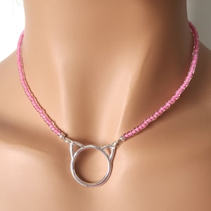 Pink Beaded Silver Cat  Necklace, Girl Gift, Cat Theme Jewelry, Cat Lover Gift, KIttycat Fashion Jewelry Gift,  16 inch Necklace, Gift Box