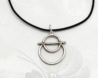 Black Leather Eyeglass Holder Necklace:  Silver Circles Pendant Glasses Lanyard