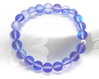 Purple Mermaid Glass Bracelet, Iridescent 8mm Glass Beads, Stretch Bracelet, Summer Jewelry, Sea Glass Mystic Aura, Ocean Beach Jewelry