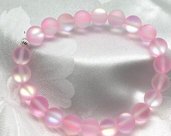 Pink Mermaid Glass Bracelet, Iridescent 8mm Glass Beads, Stretch Bracelet, Summer Jewelry, Sea Glass Mystic Look, Ocean Beach Jewelry