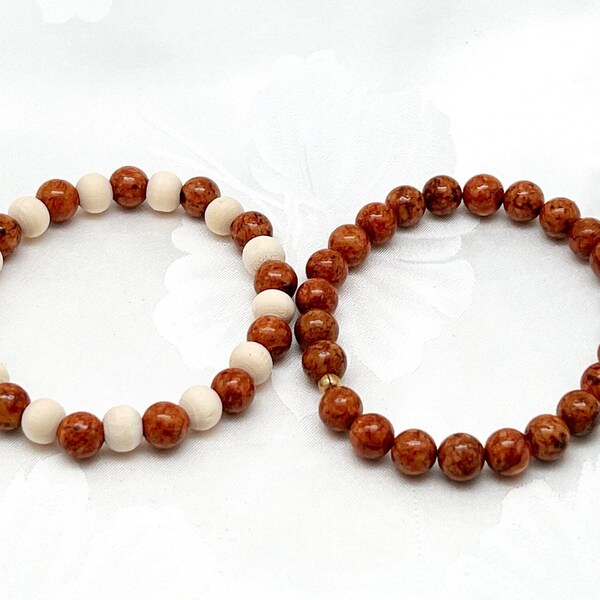 Set of Two Jasper Beaded Bracelets,  Jasper and Natural Wood, 8mm Stretch Bracelet Stack, Caramel Brown Stone Bracelets, Stone Bracelet Set