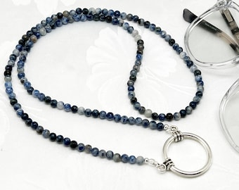 Denim Lapis Eyeglass Holder Necklace, Eyeglass Chain, Reading Glasses Chain, Sunglasses Holder, Stone Eye Glass Chain, Eyeglasses Lanyard