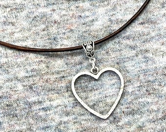 Natural Brown Leather Eyeglass Holder Necklace: Silver Heart Lanyard
