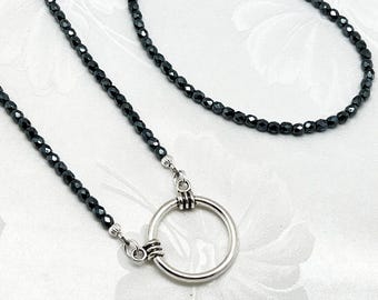 Czech Hematite Glass Beaded Eyeglass Holder Necklace:  Reading Glasses Chain Lanyard