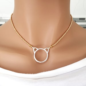 Gold Beaded Cat Necklace, Kitty Cat Lover Gift, Cat Theme Jewelry, Handmade Necklace, Silver Cat Gold and Silver Necklace for Woman or Girl