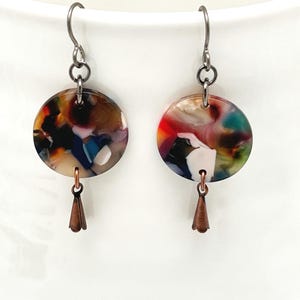 Acetate Dangle Earrings, Multicolor Earrings, Colorful Earrings, Niobium Earwires, Lightweight Earrings, Handmade 15mm Rounds Drop Earrings